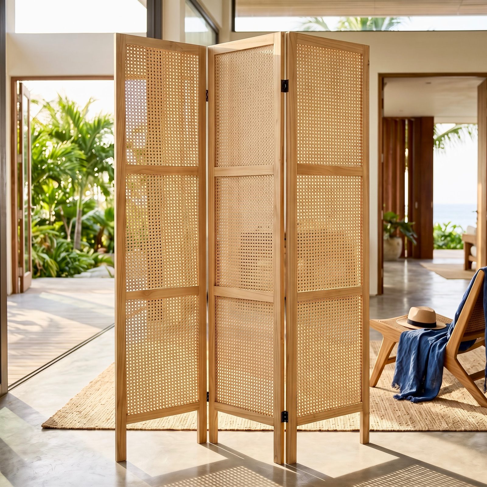 Paravent en teck clair à lattes horizontales dans un salon lumineux – Décors & Bois Guadeloupe