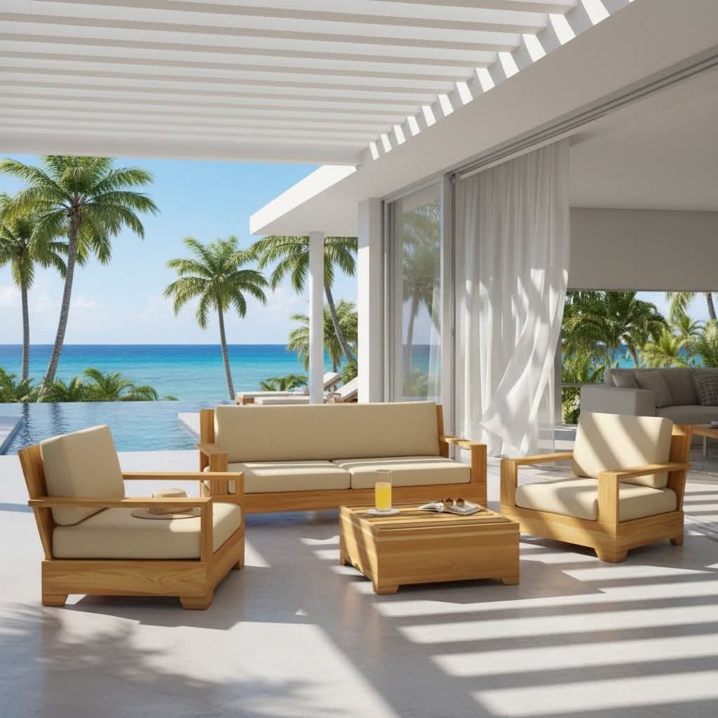 Salon d'extérieur en teck d'exception avec piscine et vue mer — Décors & Bois