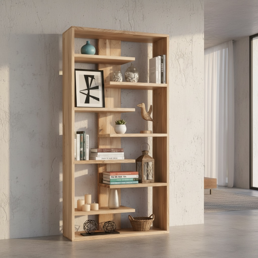 Bibliothèque haute en teck à étagères asymétriques – Décors & Bois Guadeloupe