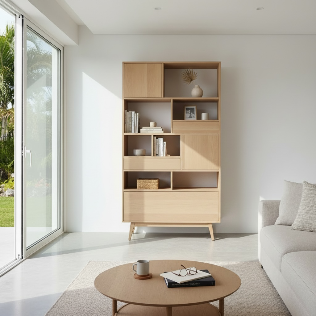 Bibliothèque contemporaine en teck à niches ouvertes et tiroir bas – Décors & Bois Guadeloupe
