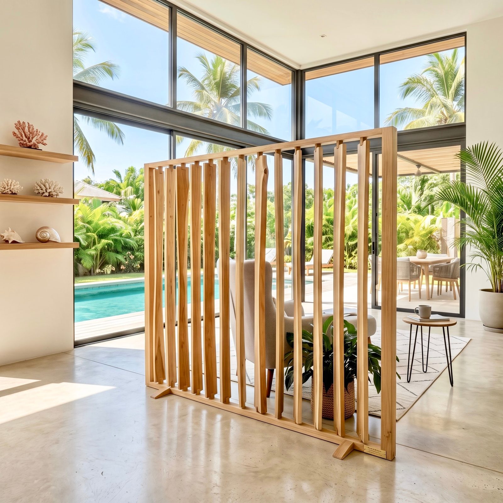 Paravent claustra en teck à lattes verticales ouvrant sur la piscine – Décors & Bois Guadeloupe