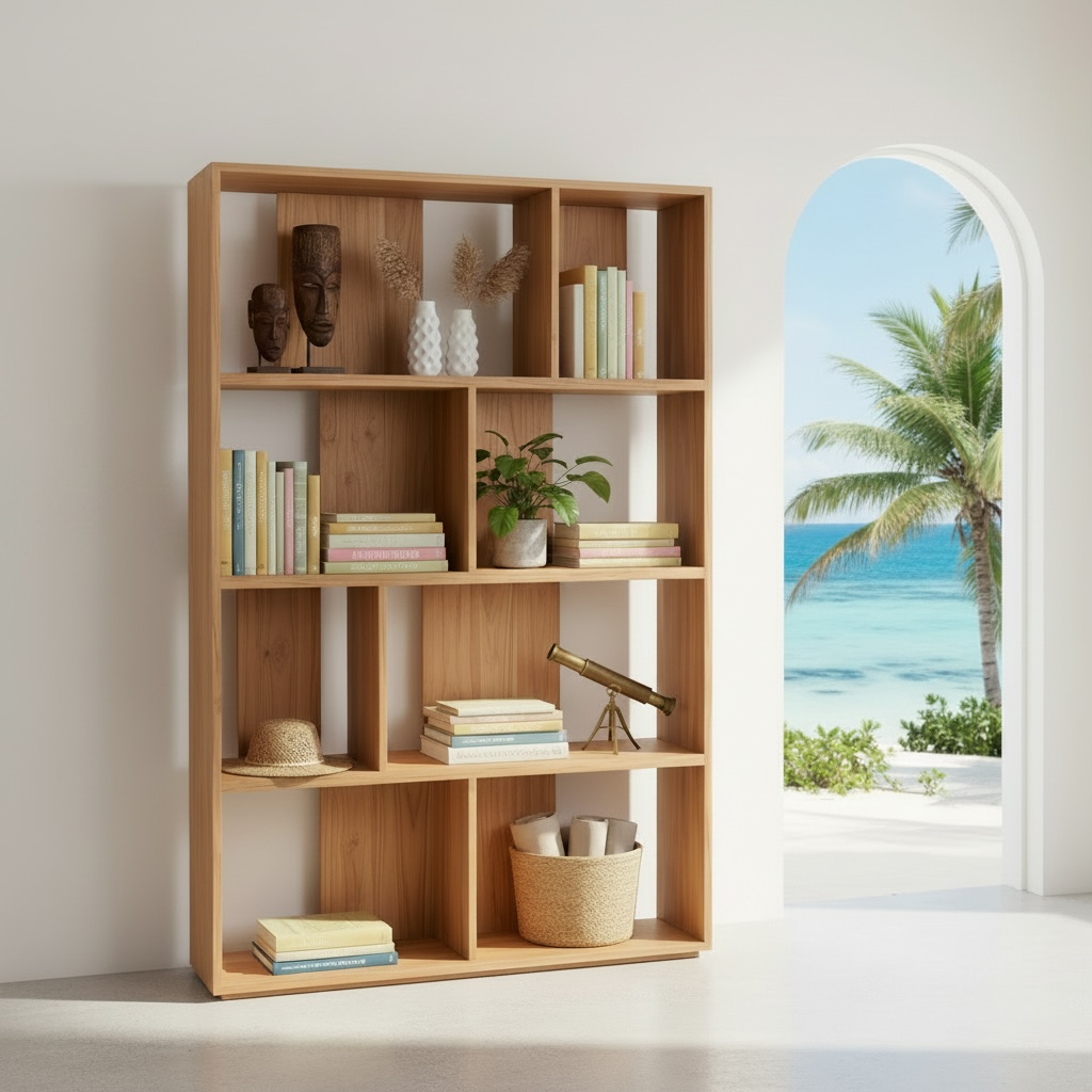Bibliothèque grille en teck à cases ouvertes – Décors & Bois Guadeloupe