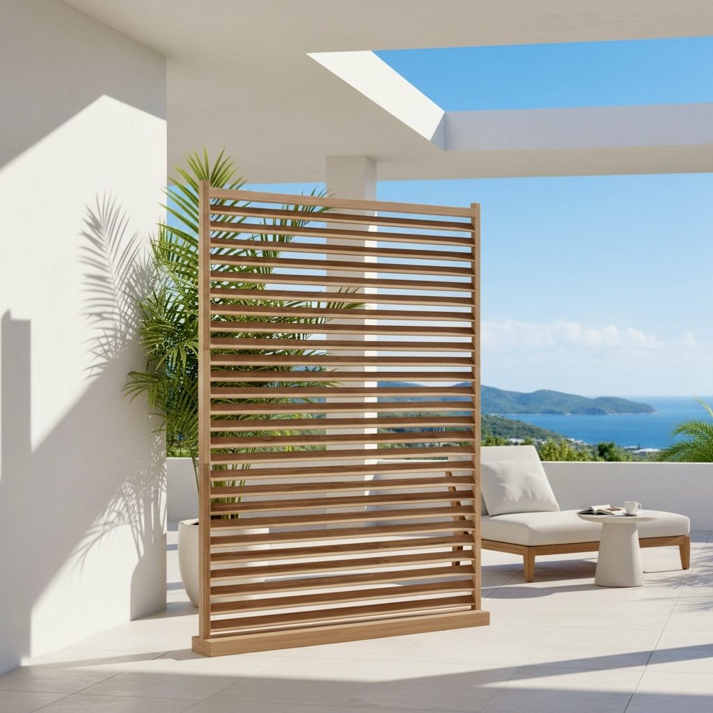 Paravent en teck à lattes horizontales sur terrasse face à la mer – Décors & Bois Guadeloupe