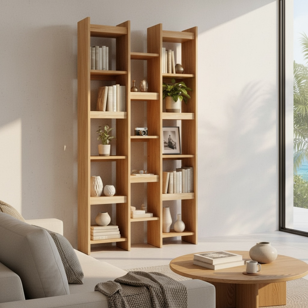 Bibliothèque colonne double en teck à étagères décalées – Décors & Bois Guadeloupe