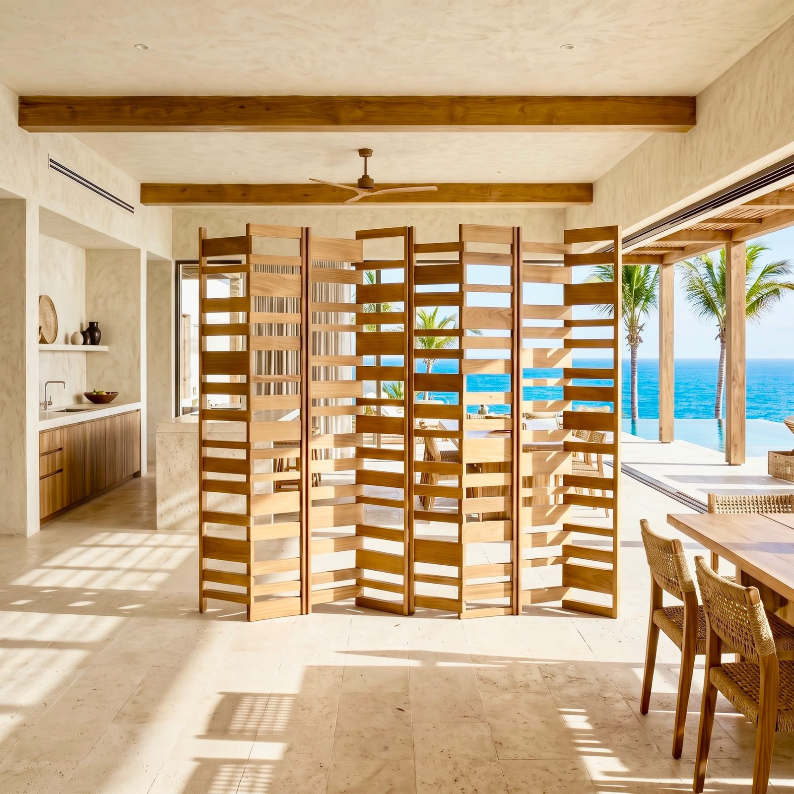 Paravent cloison en teck à claires-voies horizontales, vue mer – Décors & Bois Guadeloupe