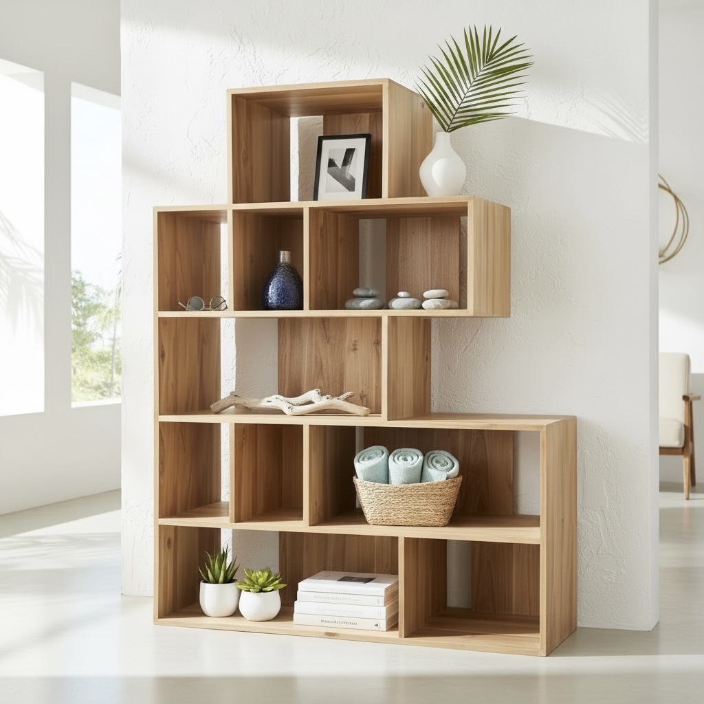 Bibliothèque en teck d'exception en pyramide à cubes ouverts – Décors & Bois Guadeloupe