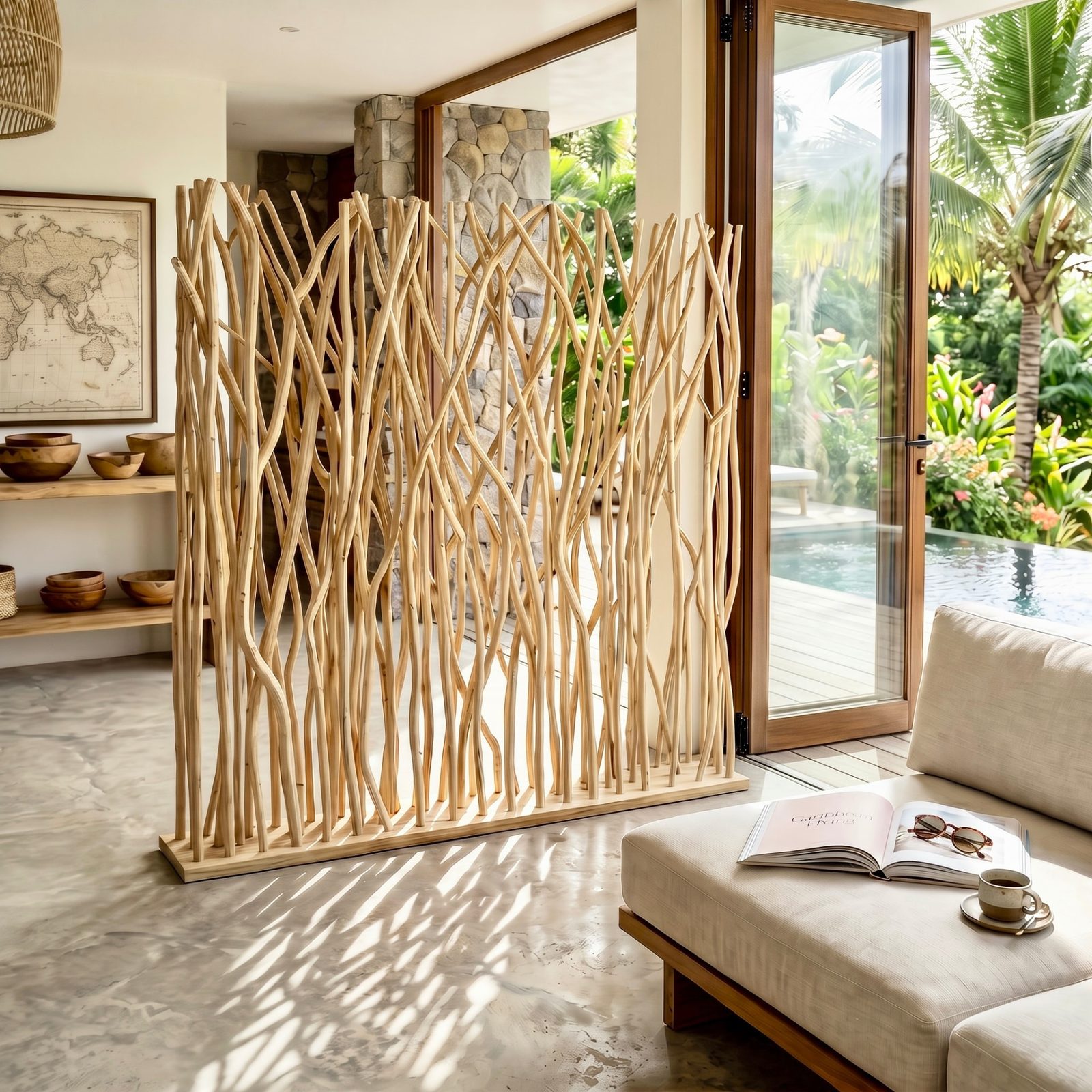 Paravent en branches de teck naturel, esprit tropical – Décors & Bois Guadeloupe