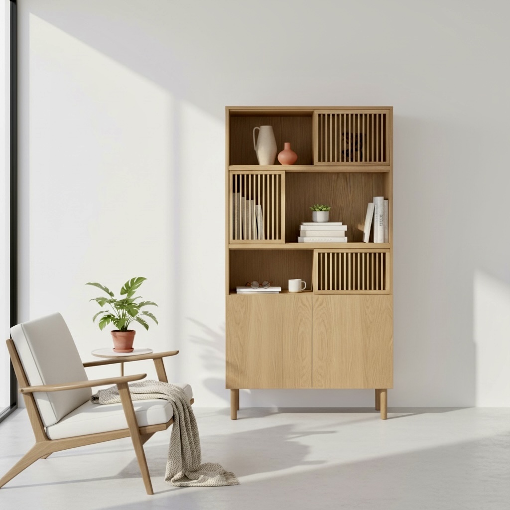 Bibliothèque en teck clair à claires-voies et portes battantes – Décors & Bois Guadeloupe