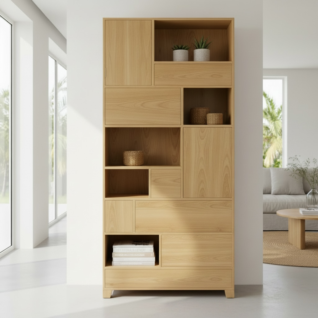 Bibliothèque haute en teck à composition asymétrique de niches et tiroirs – Décors & Bois Guadeloupe